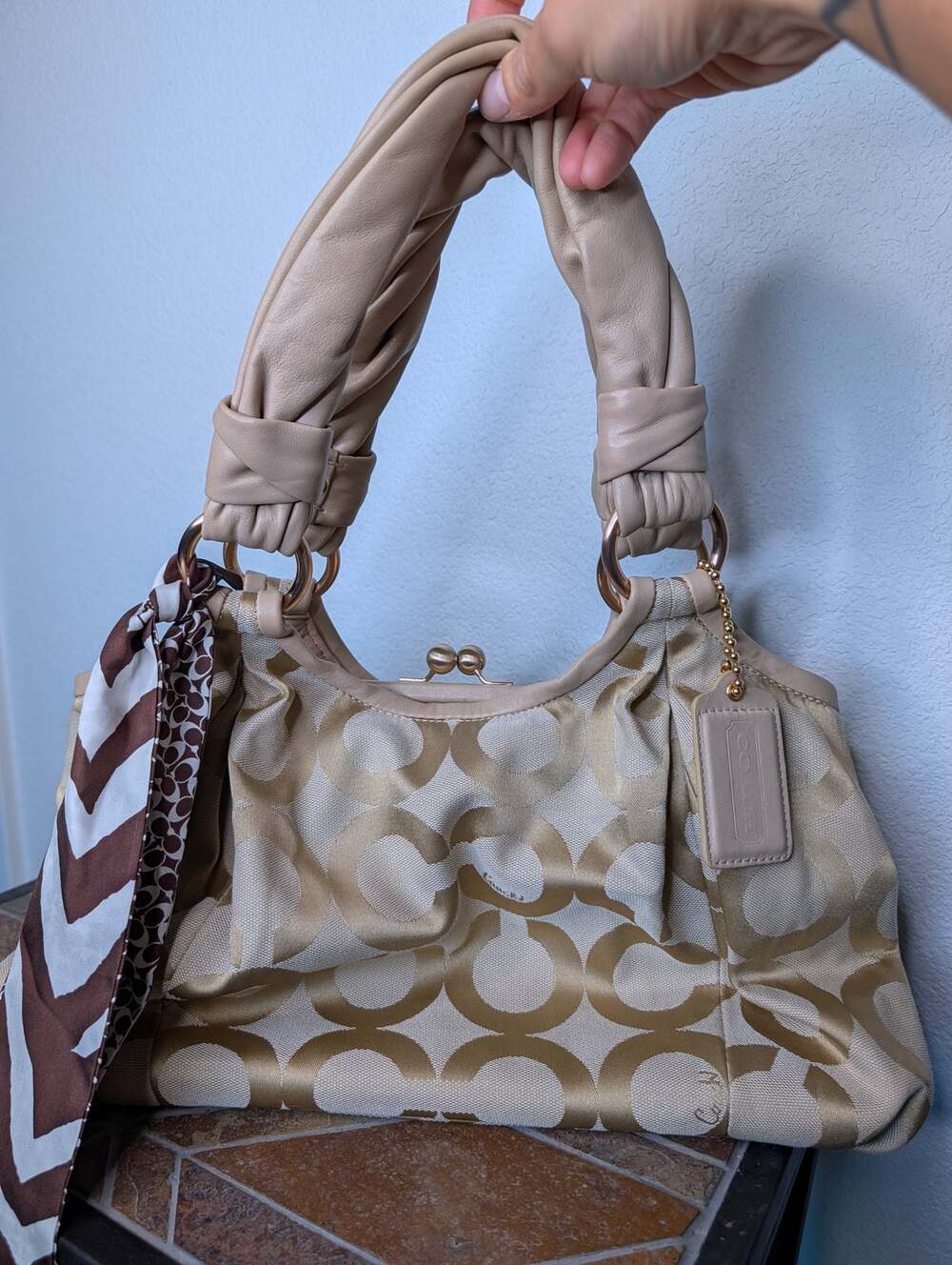 Coach 13441 Signature Parker Op Art Gold Kisslock Satchel in Champagne Jacquard